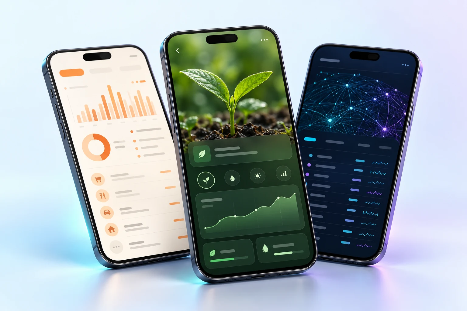 Studio-rendered smartphones illustrating finance, agriculture, and network analysis concepts