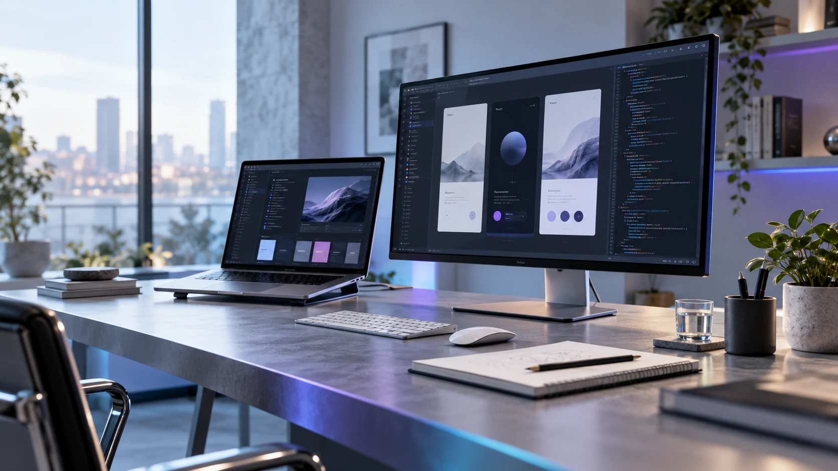 Illustrative software design workspace with interface layouts on a monitor